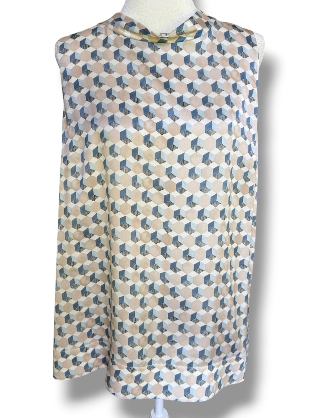 Lafayette 148 Silk Geometric Print Sleeveless Blouse in Blue and Beige XL